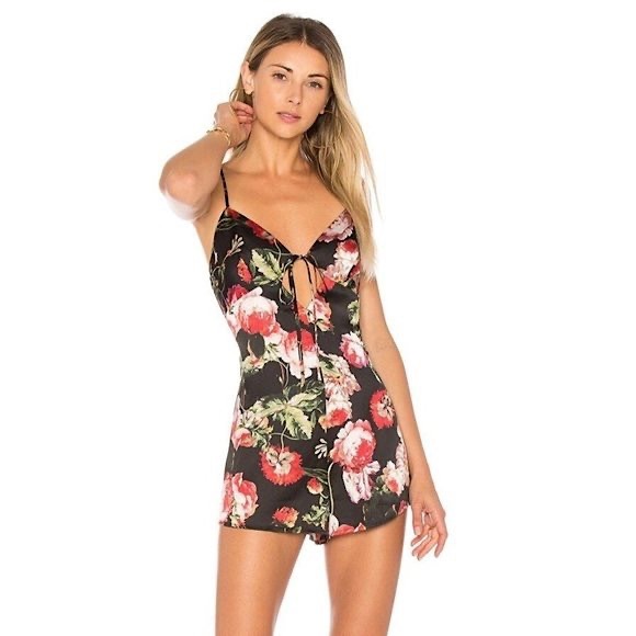 by the way. Pants - REVOLVE By The Way Brita Floral Satin Cami Romper Dress Black Slip Tie front New